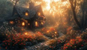 Magical Cottagecore House in Forest 4K Desktop Wallpaper