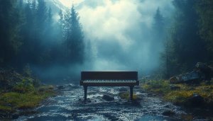Piano in Foggy Forest 4K Desktop Wallpaper, Musical Landscape