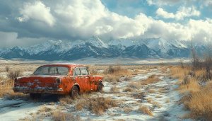 Rusty Car Snowy Mountain Range Mobile Wallpaper HD Background