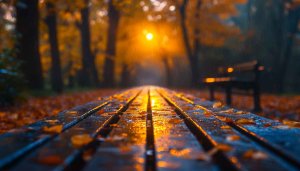 Autumn Rain Wallpaper: Wet Bench, Golden Leaves, 4K Desktop Background