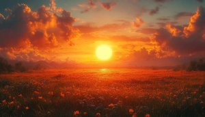 Fiery Sunset Orange Meadow Field Landscape Mobile Background Wallpaper