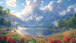 Beautiful Mountain Lake Floral Landscape 4K Desktop Background Wallpaper