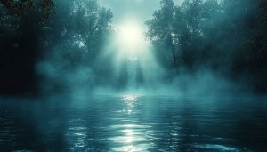 Serene Waterfall Scene, Foggy Lake 4K Desktop Wallpaper