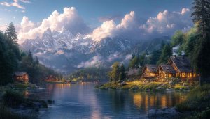 Lake Cabin 4K Wallpaper - Snowy Mountains Desktop Background