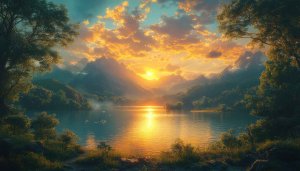 Lake Mountain Golden Sunset Scenery Mobile and Desktop Wallpaper 4K