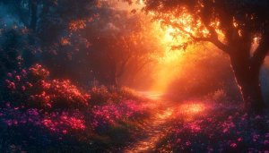 Enchanted Forest Path Mobile Wallpaper, Magical Sunset 4K Desktop Background