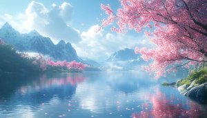 Pink Cherry Blossom Lake Mountain Scenery Mobile Wallpaper