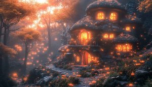 Enchanted Forest Cottage 4K Desktop Wallpaper: Fantasy Fairy Tale Home