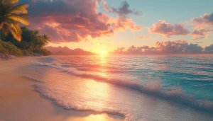 Tropical Beach Sunset Wallpaper 4K, Dreamy Seascape Desktop Background