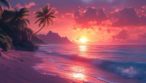 Tropical Pink Sunset 4K Desktop Background, Ocean Beach Wallpaper