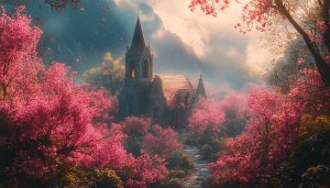 Pink Blossom Church Scenery Desktop Wallpaper 4K, Mobile Backgrounds HD