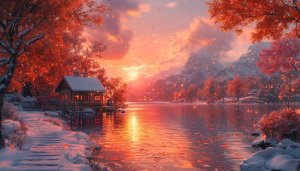 Cozy Winter Cabin by Lake Wallpaper 4K Desktop Background