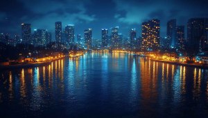 Night Cityscape River Reflections 4K Mobile Desktop Wallpaper Free