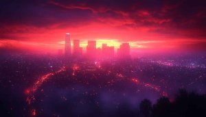 Los Angeles Cityscape Sunset, 4K Desktop Wallpaper, Red Sky