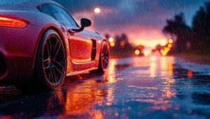 Red Car in Rain 4K Wallpaper - Free Mobile Background