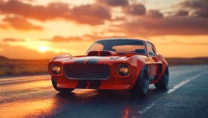 Retro Red Car Sunset Road Trip 4K Desktop Wallpaper