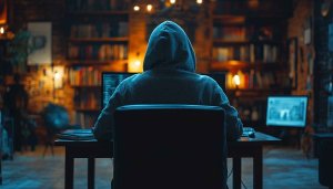 Hooded Hacker Coder At Computer Mobile and Desktop Background