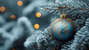 Elegant Christmas Tree Ornament Blue and Gold Festive Season Wallpaper