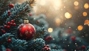 Festive Red Christmas Ornament on Tree Branch 4K Wallpaper
