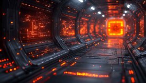 Futuristic Orange Neon Sci-Fi Corridor 4K Desktop Wallpaper Free