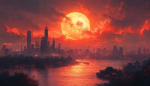 Crimson Moon Over Cityscape Mobile Wallpaper 4K Desktop Background