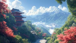 Japanese Pagoda Mountain View Mobile Wallpaper, Asian Landscape 4K Background