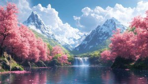 Pink Cherry Blossom Waterfall 4K Desktop Background Spring Scenery