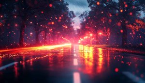 Rainy Night Cityscape Glowing Red Lights 4K Desktop Wallpaper