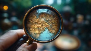 Magnifying Glass over World Map Globe Vintage Desktop Background