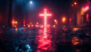 Red Cross Symbol in Rain 4K Wallpaper Desktop Background