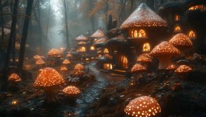 Mushroom House Village 4K Wallpaper - Fantasy Forest Desktop Background
