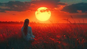 Woman Meditating Field Under Golden Moon - Free 4K Wallpaper