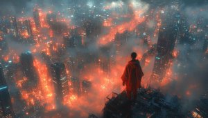 Fiery Cyberpunk Cityscape 4K Wallpaper for Desktop and Mobile