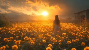 Golden Flower Field Girl Silhouette at Sunset 4K Desktop Wallpaper
