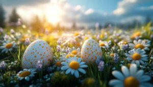 Spring Easter Eggs Daisies Meadow Wallpaper 4K Desktop Background