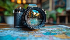 Vintage Camera Lens Travel Map Desktop Background Wallpaper 4K