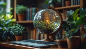 Indoor Garden Globe Terrarium Desktop Wallpaper, Plants Bookshelf Background
