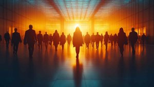 Abstract Crowded Hallway People Silhouette 4K Desktop Background Wallpaper