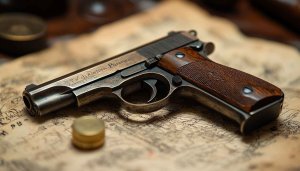 Antique Pistol with Wooden Grip on Vintage Map Wallpaper