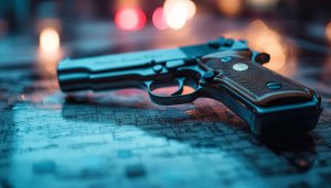 Dramatic Pistol on Blueprint Desktop Background - Crime Thriller Wallpaper