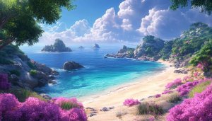 Tropical Beach Island 4K Desktop Wallpaper, Blue Ocean Pink Flowers