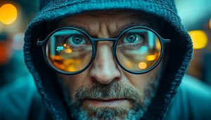 Man with Glasses Mobile Wallpaper Reflecting City Lights Background