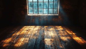 Sunlit Room Interior 4K Wallpaper, Rustic Wooden Floor Background