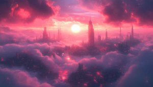 Pink Sunrise Cityscape Wallpaper 4K, Cloud City Desktop Background