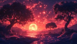 Red Moonlit Night Landscape, Fantasy Scenery 4K Desktop Wallpaper