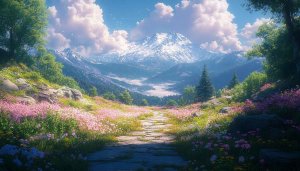 Snowy Mountain Flower Path Desktop Wallpaper 4K Free Nature Background