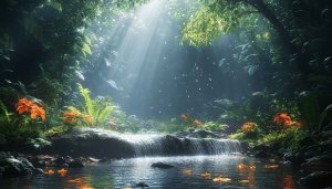 Lush Jungle Waterfall Sunlight Mobile Wallpaper, Tropical Forest Background