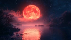Red Moon Over Lake Fantasy Landscape Mobile Wallpaper