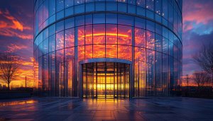 Modern Glass Building Sunset Reflection 4K Desktop Mobile Wallpaper