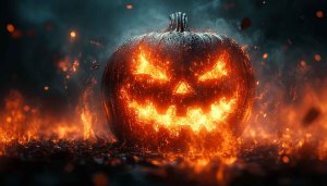 Fiery Halloween Pumpkin 4K Wallpaper, Spooky Desktop Background, Halloween Decorations